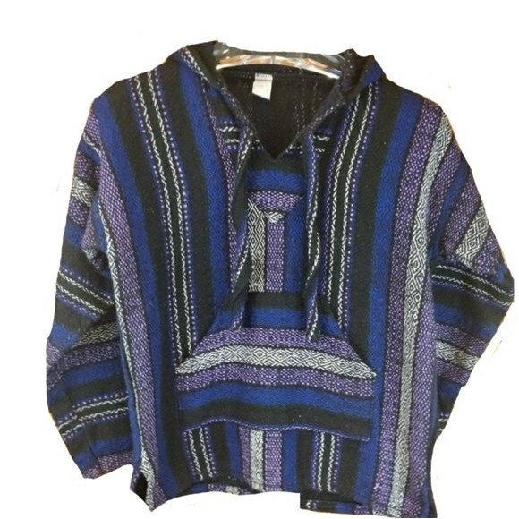 Molina Baja Mexican Blanket Hoodie Blue Purple Small Drug Rug - Picture 1 of 6